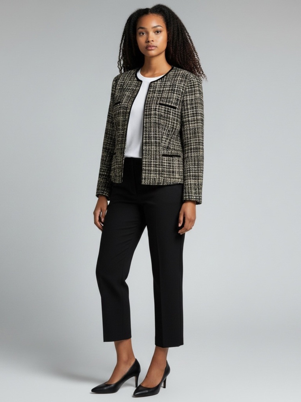 Jones New York Collection Black, Cream & Gold Tweed Classic Zip Jacket Sz 8